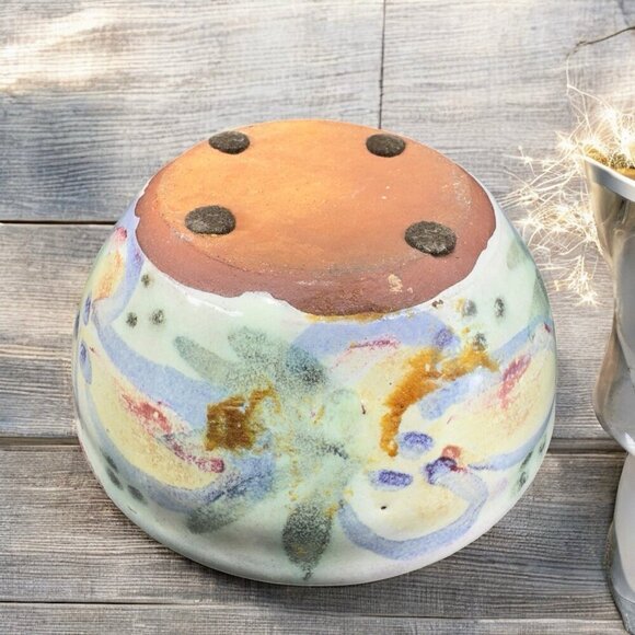 Vintage Hand Made RedWare Pottery Round Dish Bowl Hand Decorated Bowl Dish VTG - Picture 3 of 12